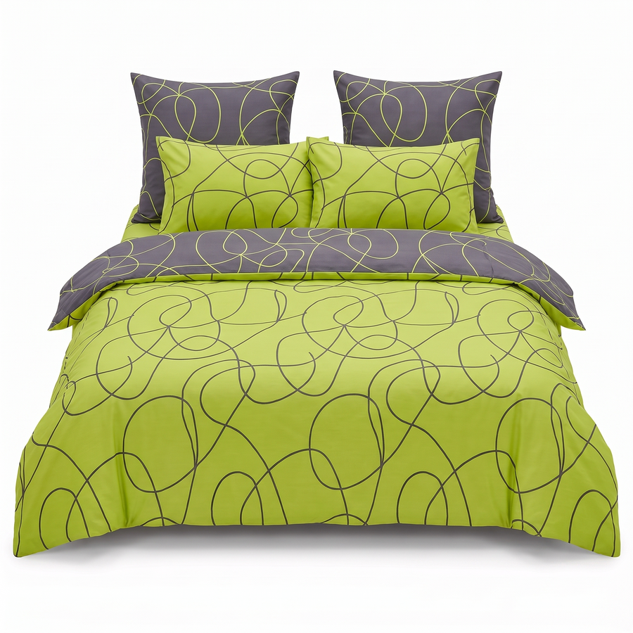 Спално бельо от 100% памук - зелено и сиво с вълнообразни линии