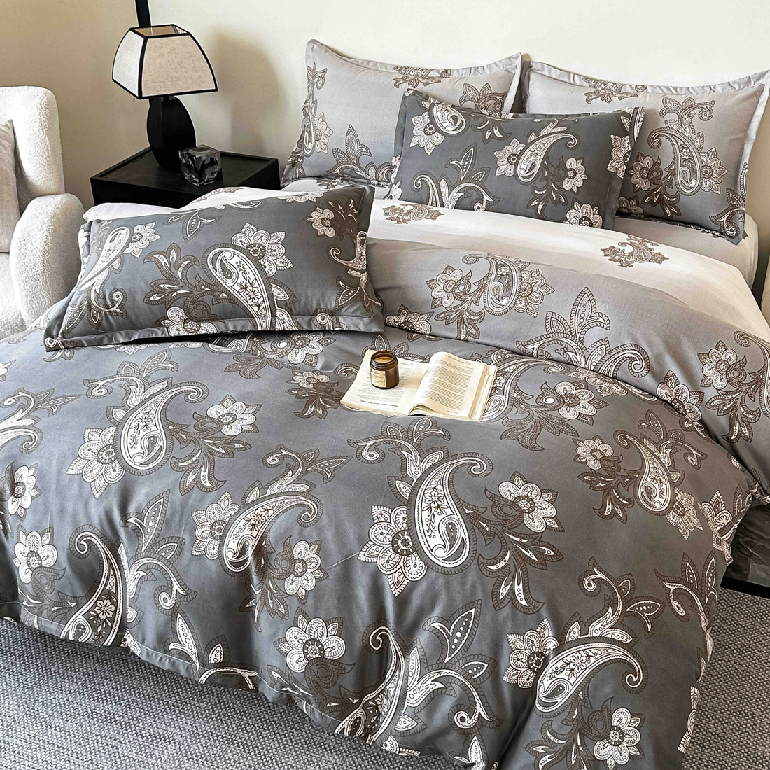 Спално бельо от 100% памук - сиво с орнаменти