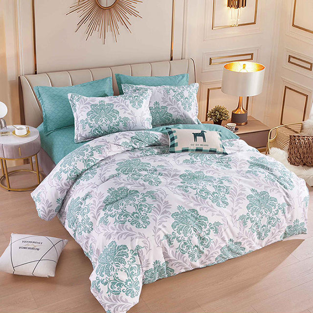 Спално бельо от 100% памук – бяло и светлосиньо с кралски орнаменти