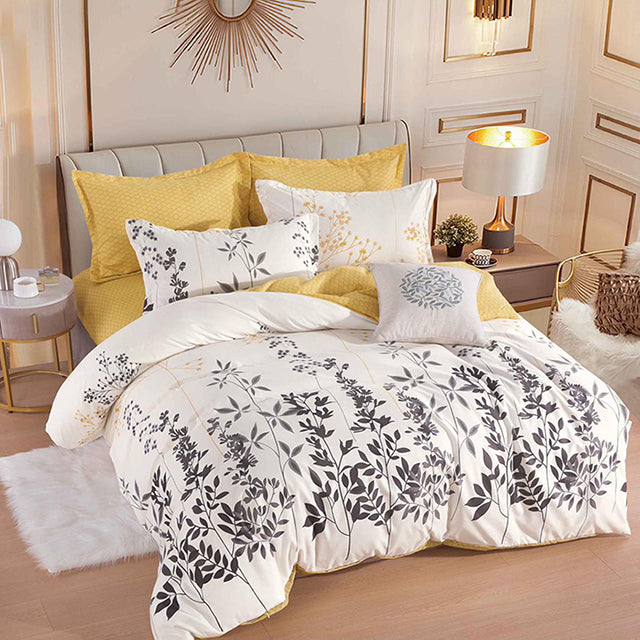 Спално бельо от 100% памук – бяло и жълто с черни листенца