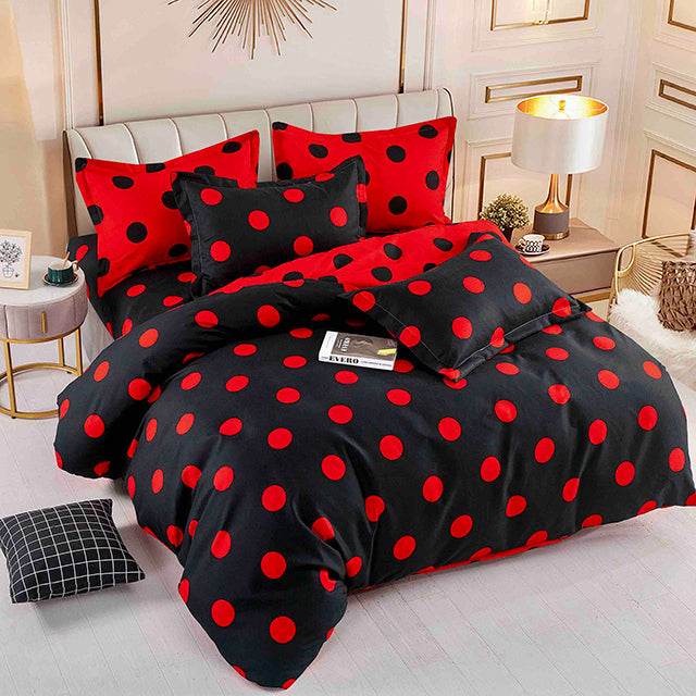 Спално бельо с ластик - черно и червено с точки