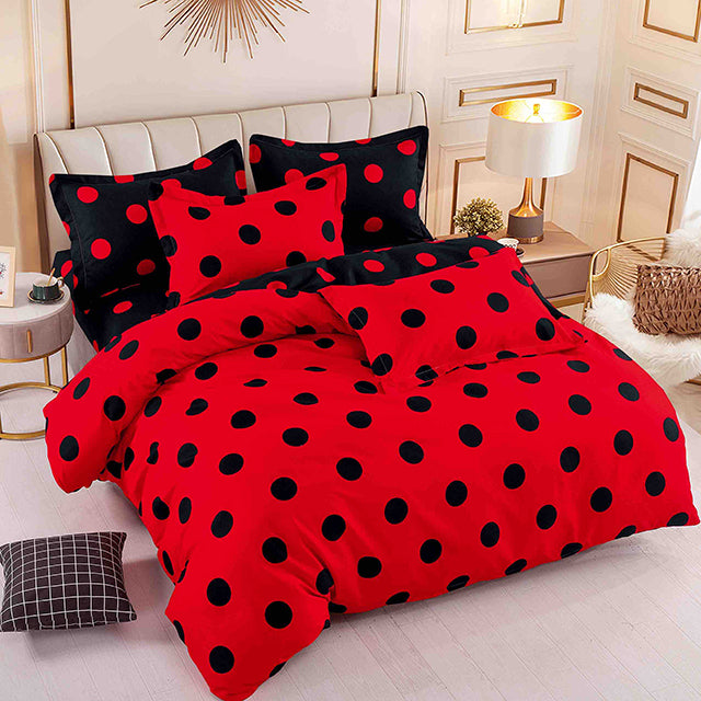 Спално бельо с ластик - черно и червено с точки