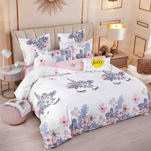 Спално бельо с ластик - бяло с еднорози