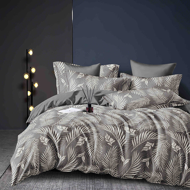 Спално бельо с ластик – сиво с бели листа
