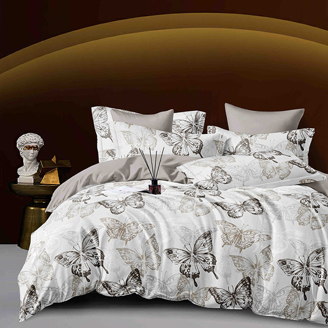 Спално бельо с ластик – бяло и сиво с пеперуди