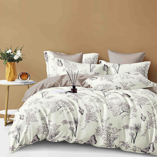 Спално бельо с ластик – бяло и сиво с листа и пеперуди
