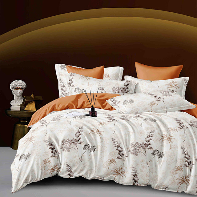 Спално бельо с ластик – бяло и кафяво с листа