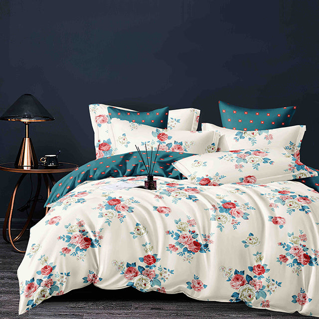 Спално бельо с ластик – бяло и зелено с цветя