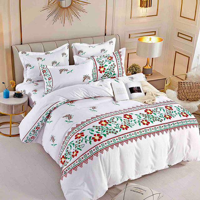Спално бельо с ластик – бяло с цветя и етно мотиви