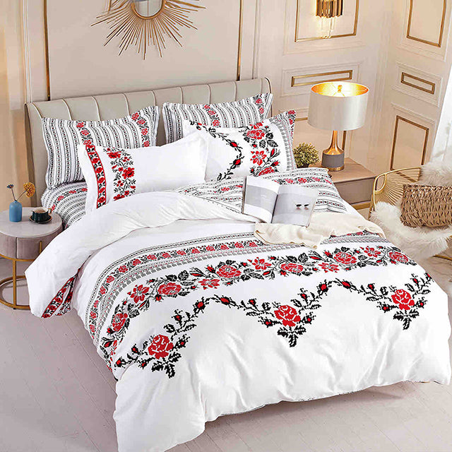 Спално бельо с ластик – бяло с фолклорни мотиви