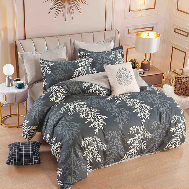 Спално бельо с ластик - сиво с листа