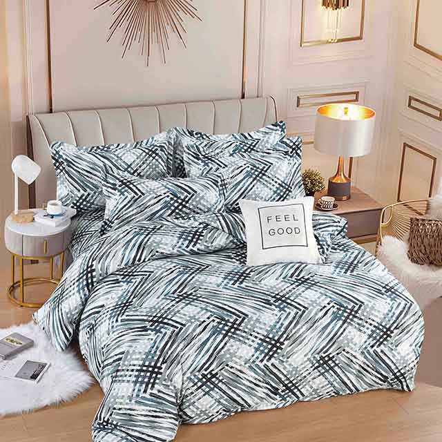 Спално бельо с ластик - сиво и синьо с линии