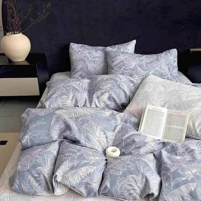 Спално бельо с ластик - синьо с листа