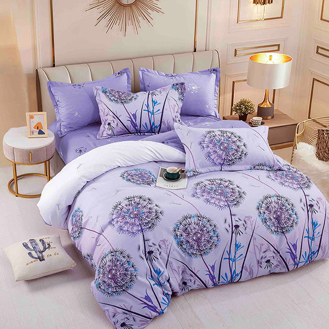Спално бельо с ластик – лилаво с глухарчета