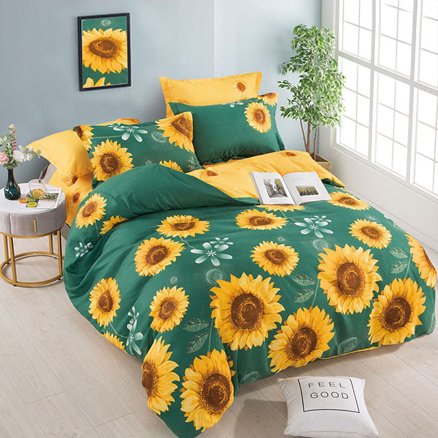 Спално бельо с ластик - зелено със слънчогледи