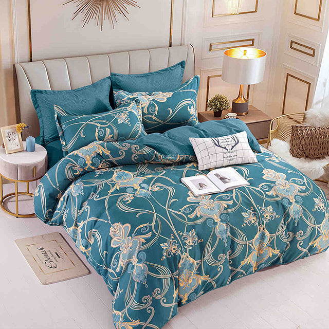Спално бельо с ластик - тъмнотюркоазено с орнаменти