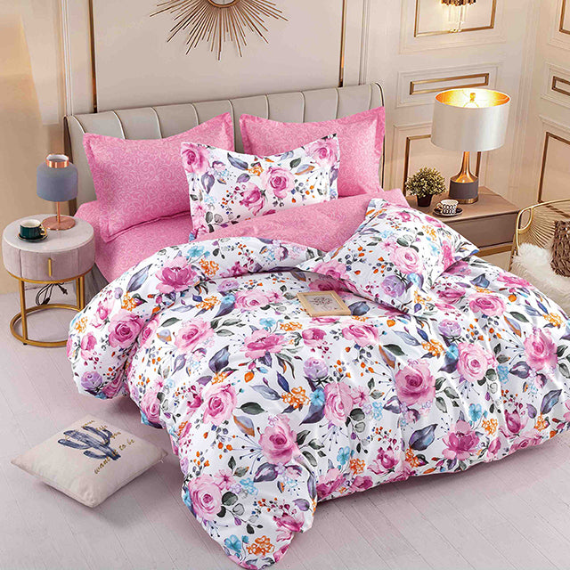 Спално бельо с ластик – бяло и розово с цветя