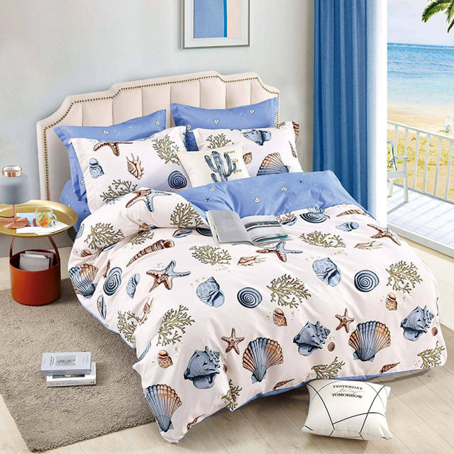 Спално бельо с ластик - бяло и синьо с морски мотив