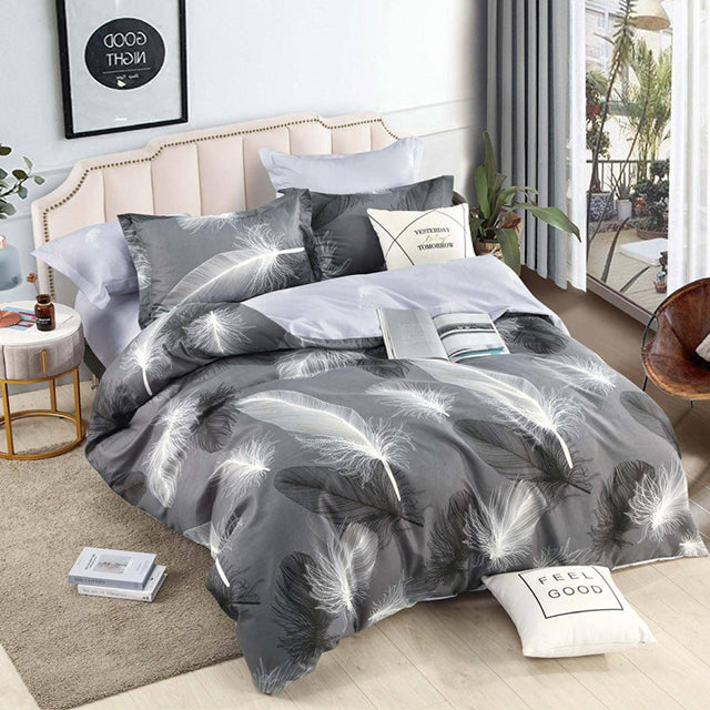 Спално бельо с ластик - тъмносиво с пера