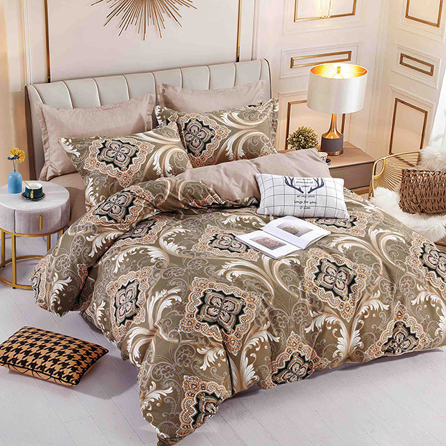 Спално бельо с ластик - кафяво с орнаменти