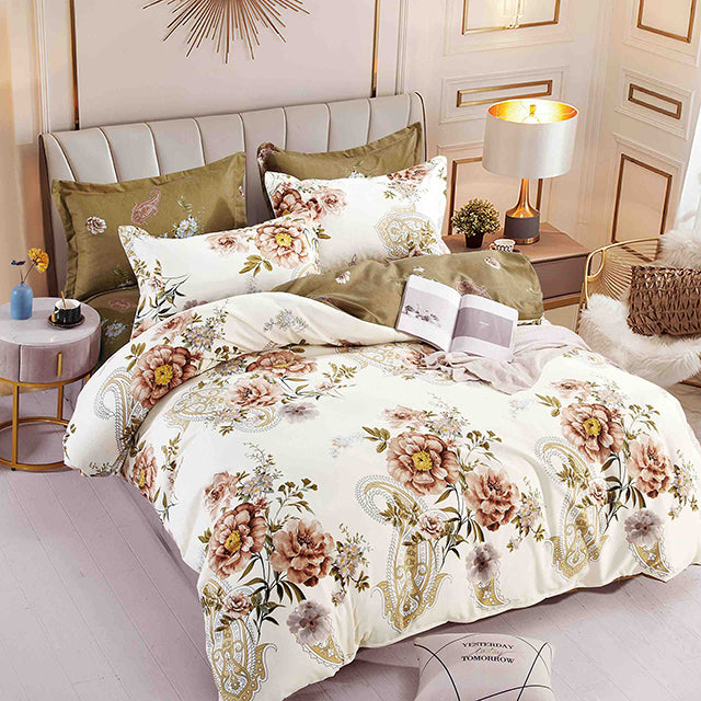 Спално бельо с ластик - бяло с красиви цветя