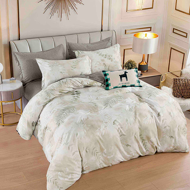 Спално бельо с ластик - сиво и бежово със зелени листенца