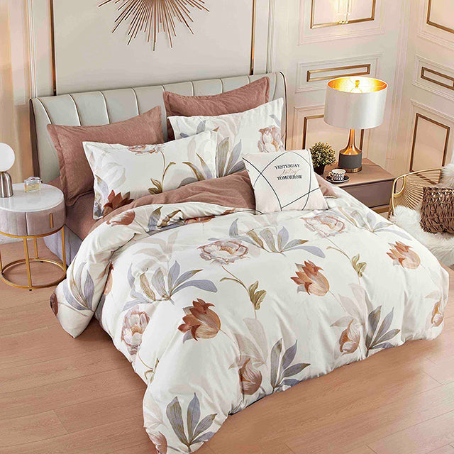 Спално бельо с ластик - бежово и кафяво с цветя