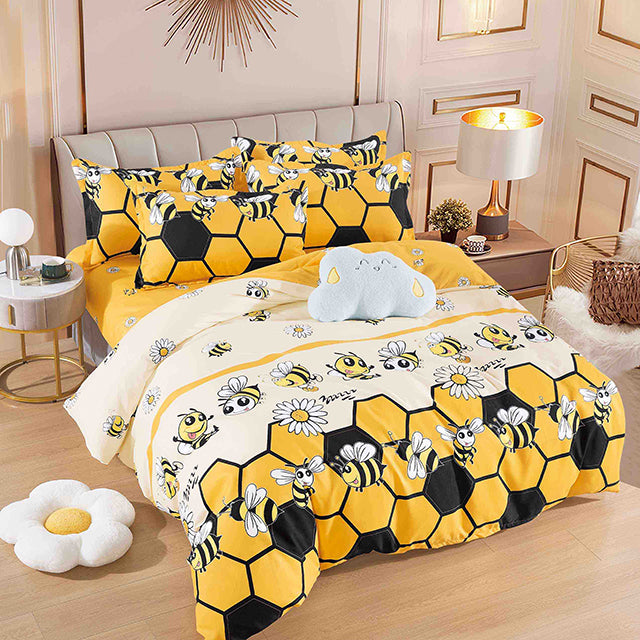 Спално бельо с ластик - цвят крем и жълто с пчелички и маргаритки