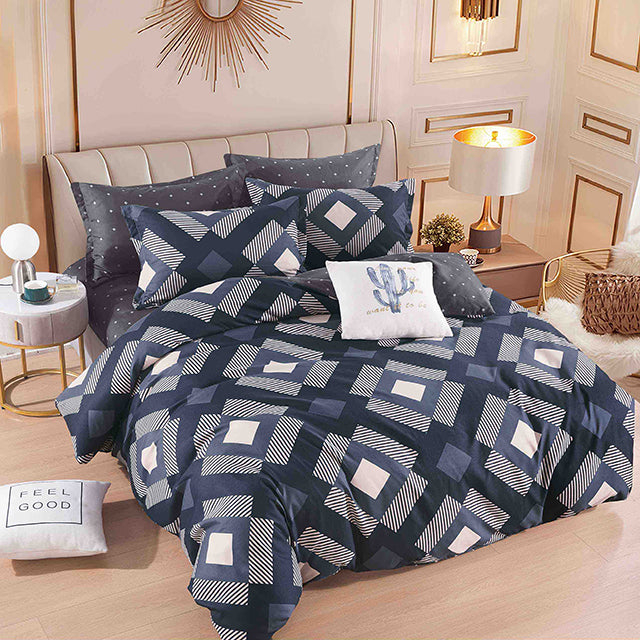 Спално бельо с ластик – тъмносиньо и сиво с ромбоиди