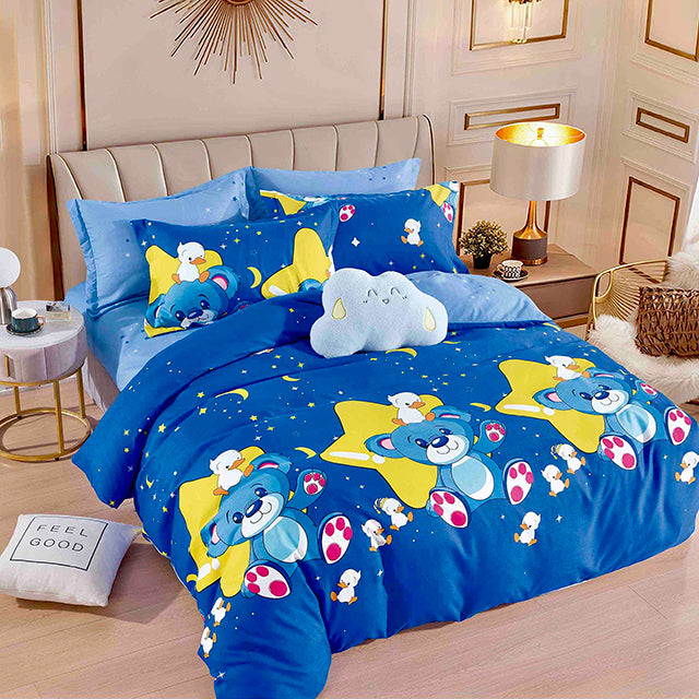 Спално бельо с ластик - синьо с мечета