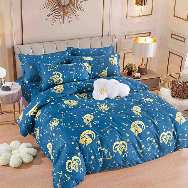 Спално бельо с ластик – синьо със зодиакални знаци