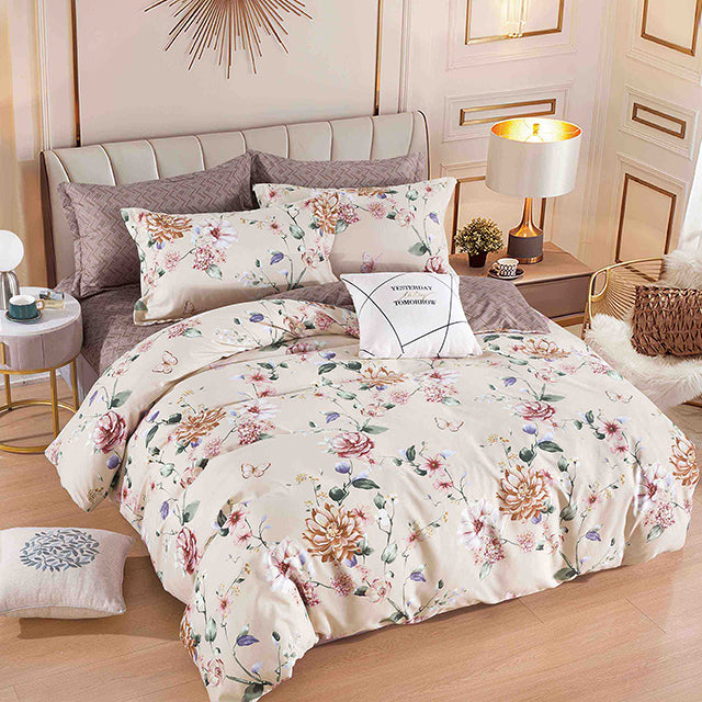 Спално бельо с ластик - бежово и кафяво с нежни цветя