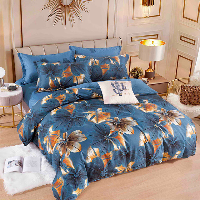 Спално бельо с ластик – синьо с кафяви листа