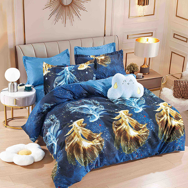 Спално бельо с ластик – синьо с митични риби