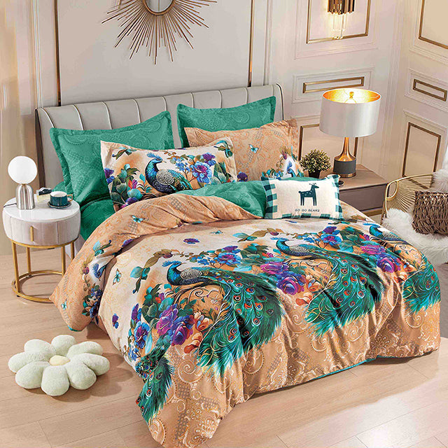 Спално бельо с ластик – бежово и кафяво с пауни