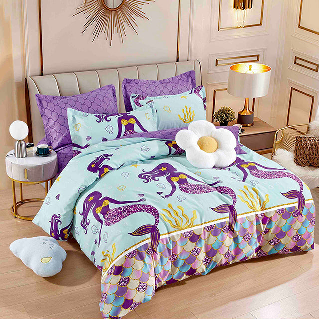 Спално бельо с ластик – синьо и лилаво с русалки