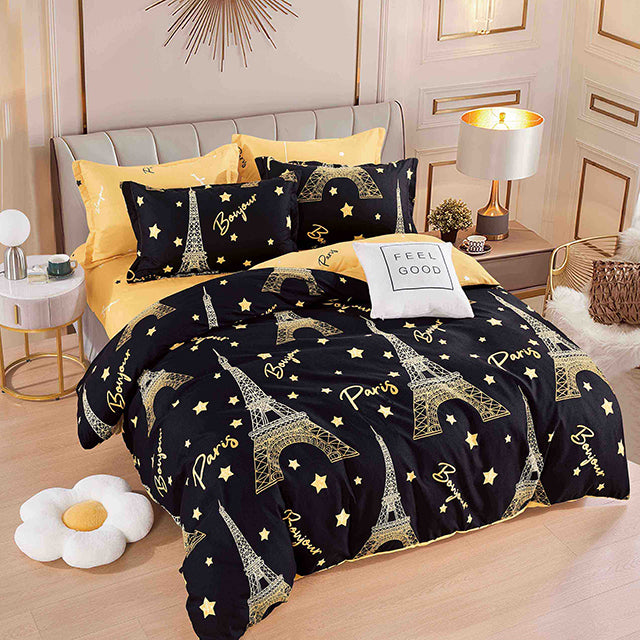 Спално бельо с ластик - черно и жълто с Айфелова кула