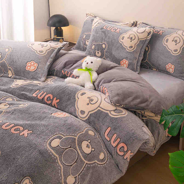 Спално бельо с ластик Cocolino – сиво с мечета и надписи