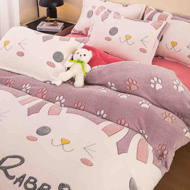 Спално бельо с ластик Cocolino – бяло и розово със зайчета и лапички