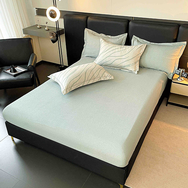 Спално бельо от бархет с ластик - светлозелено с ивици