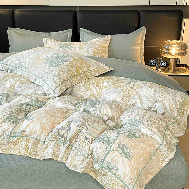 Спално бельо от бархет с ластик - цвят крем и зелено с пейзаж 