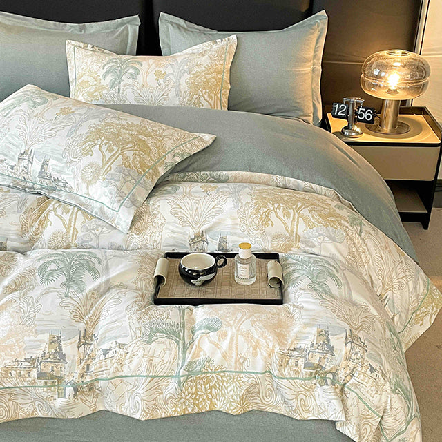 Спално бельо от бархет с ластик - цвят крем и зелено с пейзаж 