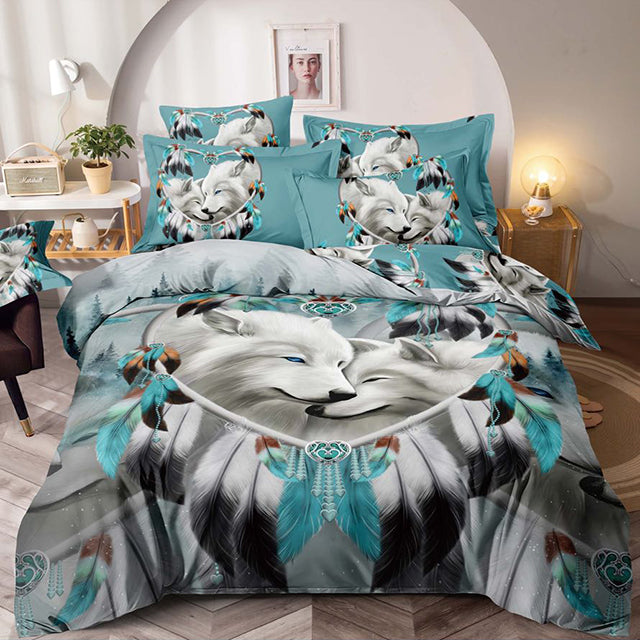 Единично спално бельо с ластик – сиво и синьо с вълци