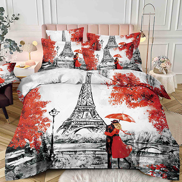 Единично спално бельо с ластик – сиво с влюбена двойка в Париж
