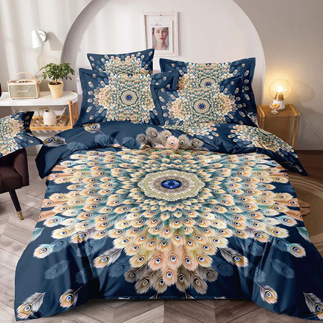 Единично спално бельо с ластик – тъмносиньо с паунови пера