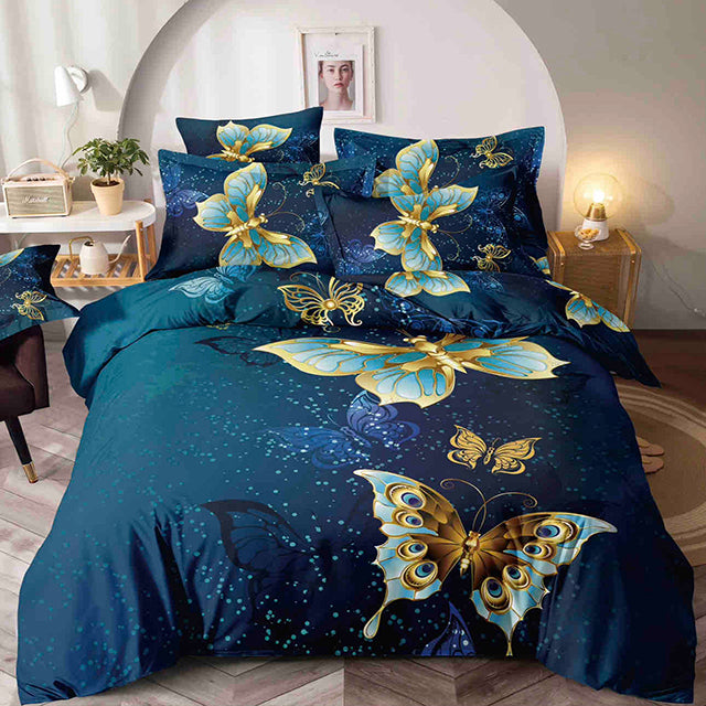 Единично спално бельо с ластик – тъмносиньо с пеперуди