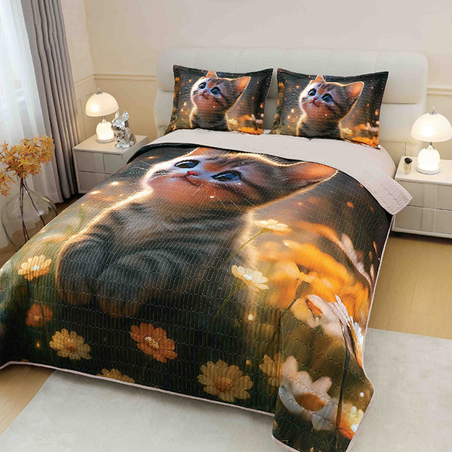 5D кувертюра от 3 части - кафяво и сиво с котенце