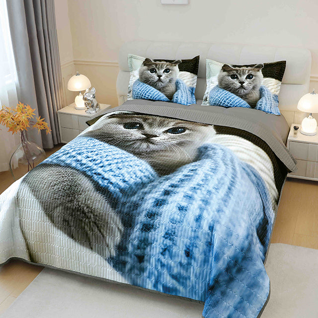 5D кувертюра от 3 части - сиво и синьо с котенце