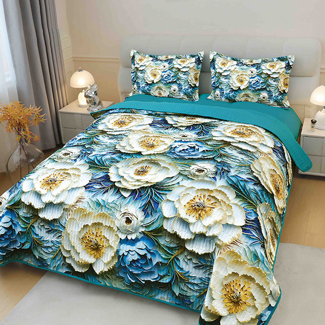 5D кувертюра от 3 части - синьо с цветя