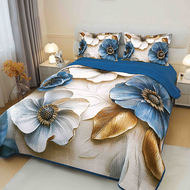 5D кувертюра от 3 части - цвят крем и тъмносиньо с цветя